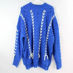 ModX Women's Blue Crochet Long Sleeve Pullover Sweater w/ White Lacing Size 1X