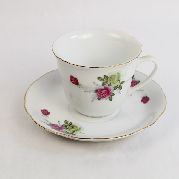 Lot of Vintage Pink Rose Teacup & Saucer Set Gold Trim Scalloped Edges