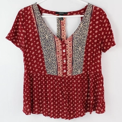 Forever 21 Red Navy Peasant Style 1/2 Button Up Blouse Women's Small