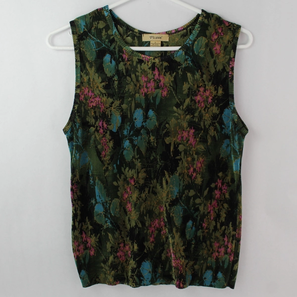 Plissé Green Floral Patterned Sleeveless Accordion Top Women's Size Large
