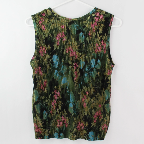 Plissé Green Floral Patterned Sleeveless Accordion Top Women's Size Large