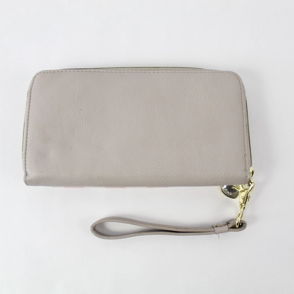 Betsey Johnson Gray Pink Striped Heart Leather Clutch Wristlet Zipper Wallet