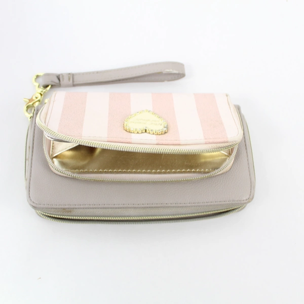 Betsey Johnson Gray Pink Striped Heart Leather Clutch Wristlet Zipper Wallet