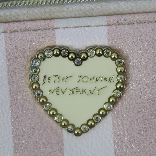 Betsey Johnson Gray Pink Striped Heart Leather Clutch Wristlet Zipper Wallet