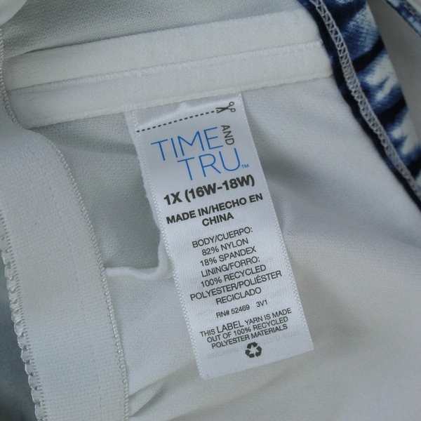 Time and Tru Swim Top Women's Plus Size 1X Tie Halter Style Blue White Tie-dye