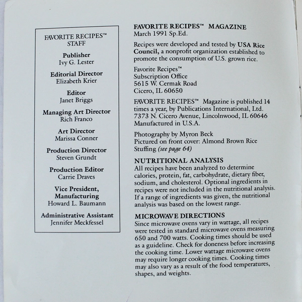 Favorite Recipes Light Lean and Low Fat Recipes Rice Council 1991 Paperback