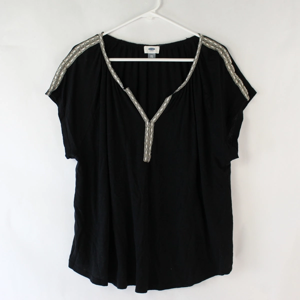 Old Navy Women's Relax Fit Black Short Sleeve Gray Trimmed Tunic Blouse Size XXL