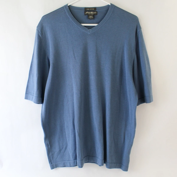 Eddie Bauer Men's Blue V Neck Short Sleeve Sweater 100% Pima Cotton Size Large