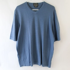 Eddie Bauer Men's Blue V Neck Short Sleeve Sweater 100% Pima Cotton Size Large
