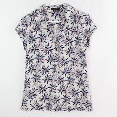 Alfani Blue and Red Printed Half Button Shirt Women's Size Medium