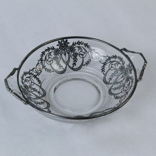 Vintage Silver Overlay Glass Bowl with Floral Design 7" with Handles