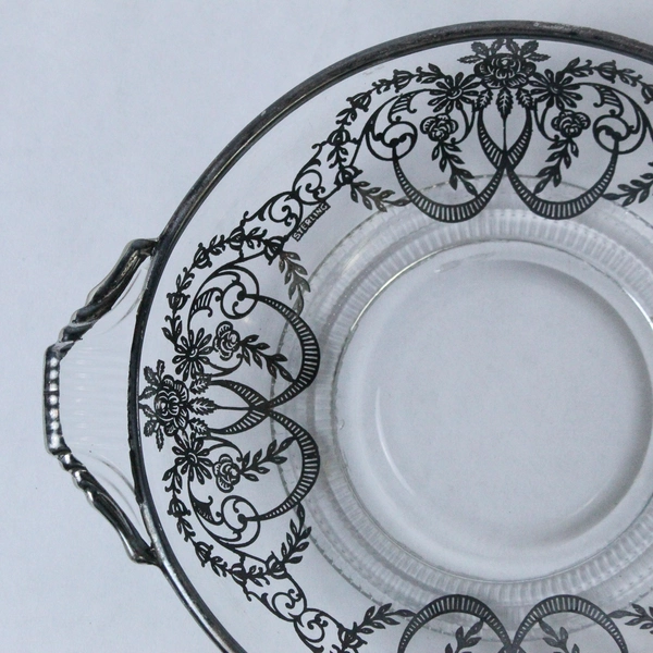 Vintage Silver Overlay Glass Bowl with Floral Design 7" with Handles