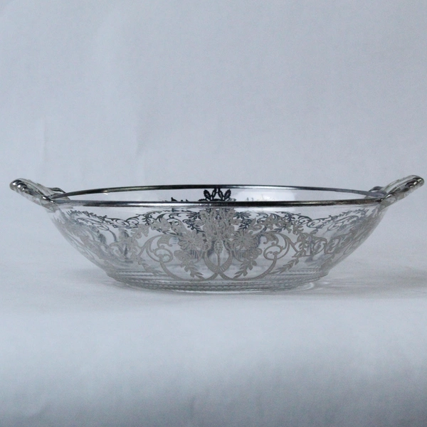 Vintage Silver Overlay Glass Bowl with Floral Design 7" with Handles