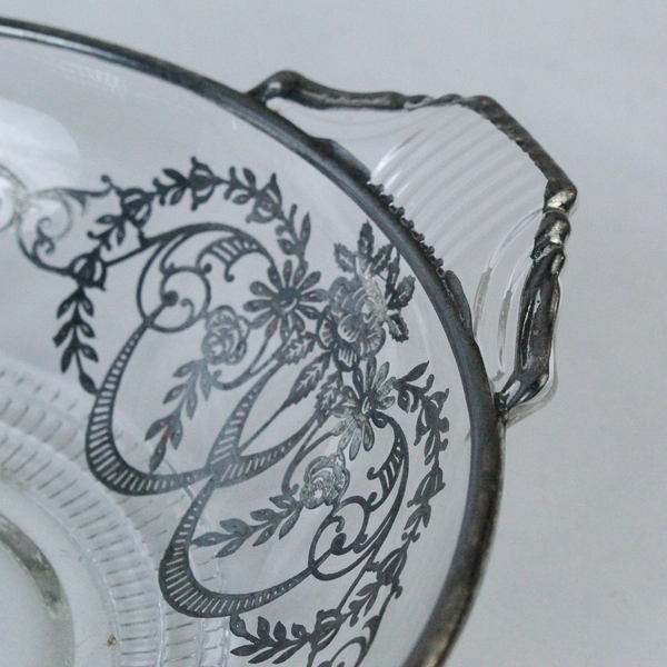 Vintage Silver Overlay Glass Bowl with Floral Design 7" with Handles