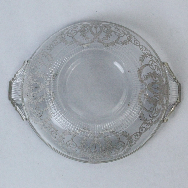 Vintage Silver Overlay Glass Bowl with Floral Design 7" with Handles