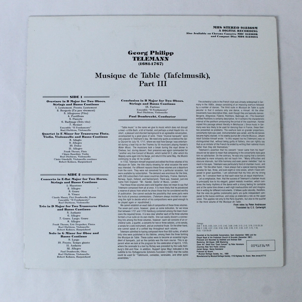 Georg Philipp Telemann Musique de Table Part III Tafelmusik Vinyl LP 1989 Record