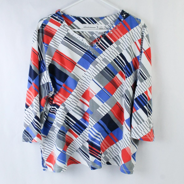 Alfred Dunner Shirt Top Women's Size XL White Blue Orange Short Sleeves