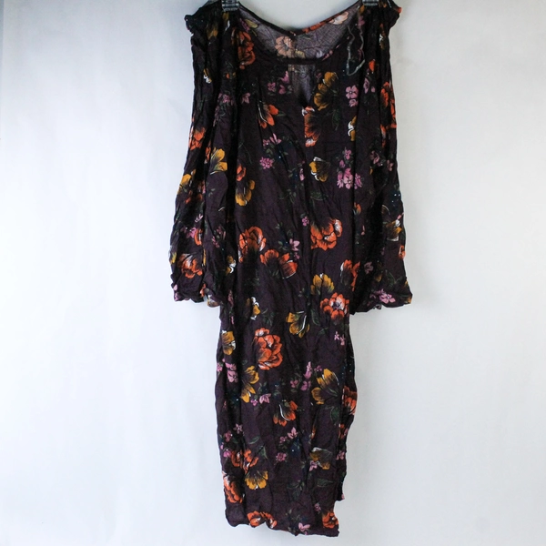 Terra & Sky Midi Dress Women's Plus Size 1X Purple Floral 3/4 Bell Sleeves