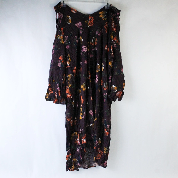 Terra & Sky Midi Dress Women's Plus Size 1X Purple Floral 3/4 Bell Sleeves