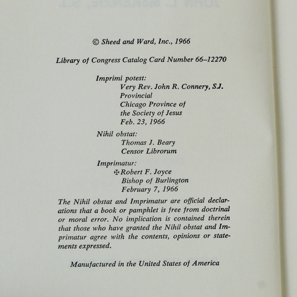 Authority In The Church John L. McKenzie 1966 Sheed And Ward Hardcover DJ
