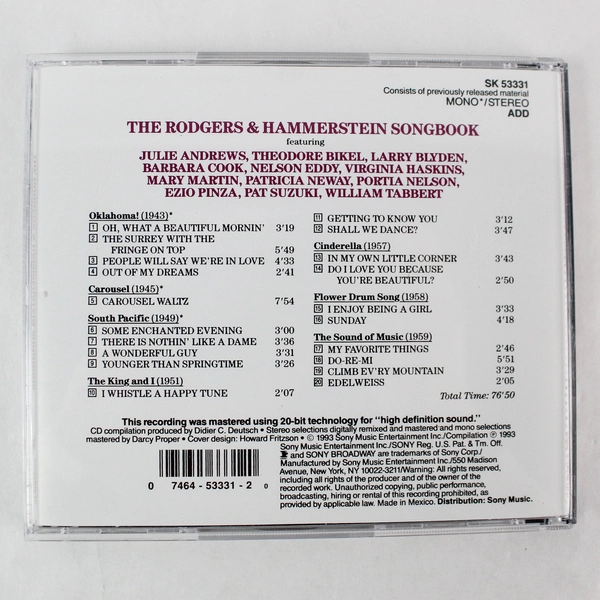 The Rodgers & Hammerstein Songbook 1993 CD Sony Broadway