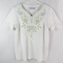 Alfred Dunner White Embroidered Floral Beaded Accent T-Shirt Women's Size Small