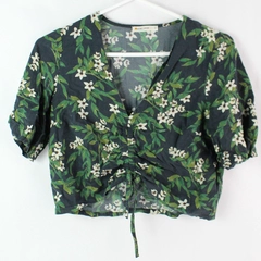 Marine Layer Blue Green White Floral Print Tie-Front Blouse Women's Small Crop