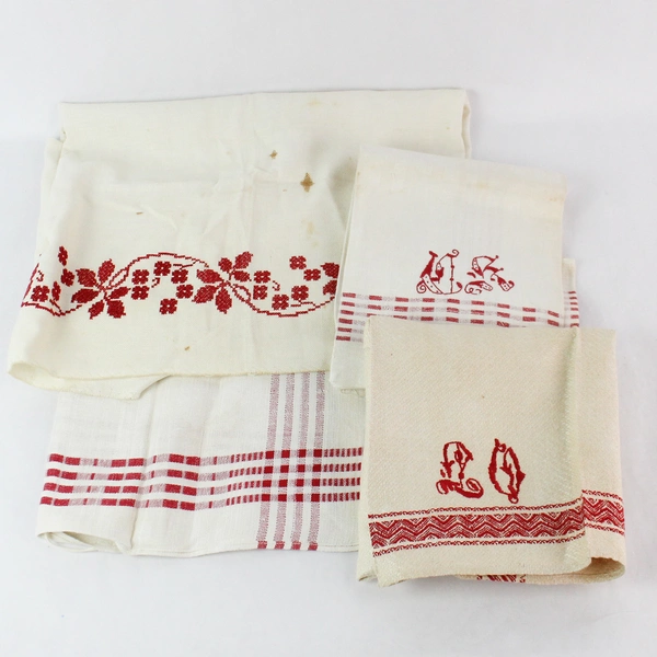 Lot of 4 Beige Red Embroidered Kitchen Linens Stains DIY Fabric Cutters