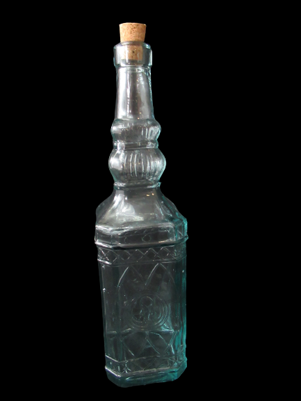 Vintage Embossed Glass Decanter Made In Spain Blue Tint Cork Stopper