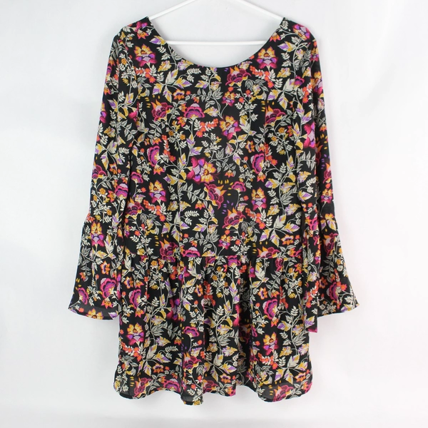H&M Divided Long Bell Sleeve Black Floral Dress Women's Size 10 Button Up Back