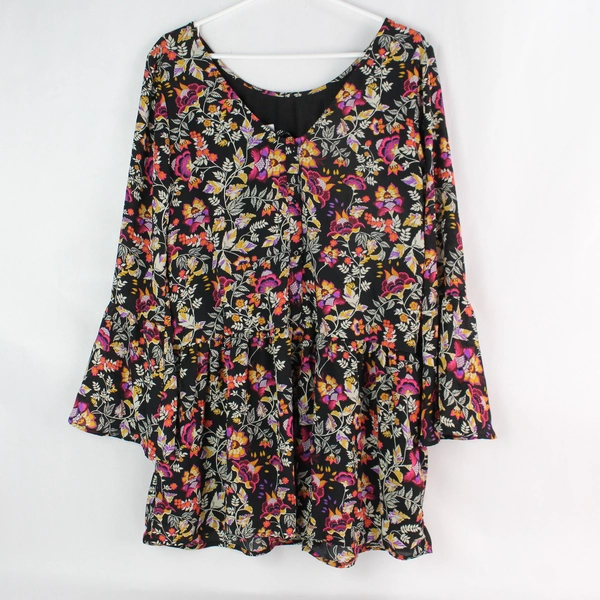 H&M Divided Long Bell Sleeve Black Floral Dress Women's Size 10 Button Up Back
