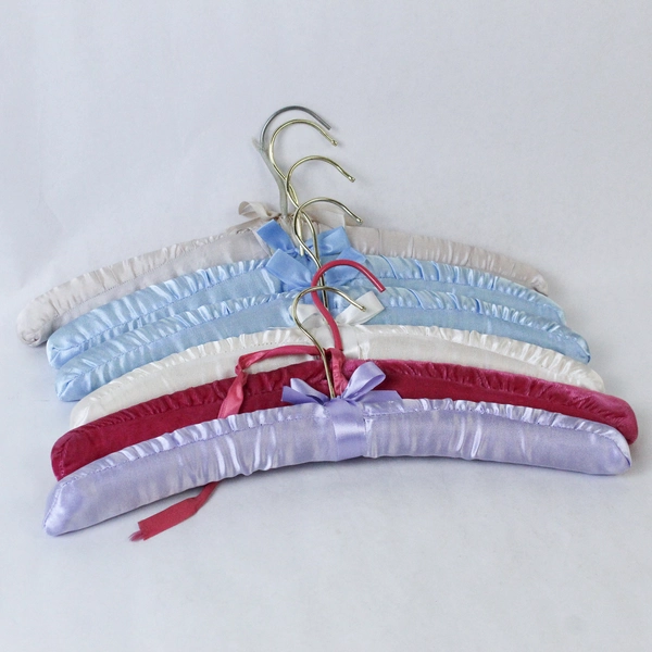 Lot of 6 Vintage Padded Satin Fabric Covered Clothes Hangers Pink Blue White