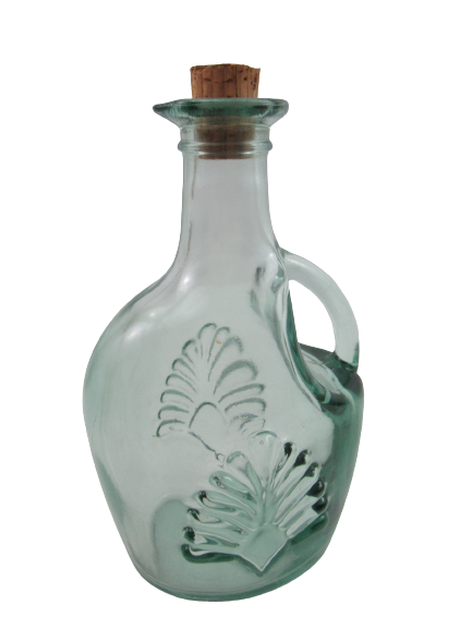 Green Tinted Embossed Bottle With Handle And Cork Stopper Made In Canada