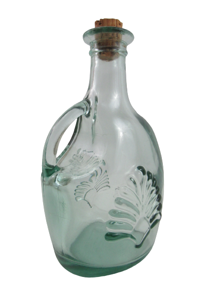Green Tinted Embossed Bottle With Handle And Cork Stopper Made In Canada