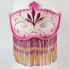 Ladies Pink and Gold Glittery Beaded Venetian Masquerade Mardi Gras Costume Mask