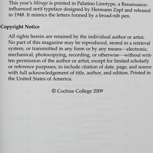 Mirage Literary Arts Magazine 2009 Issue Cochise College