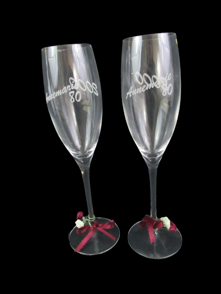 Lot of 2 Clear Crystal Champagne Flutes Etched 2000 Annemarie 80 Glass Wine