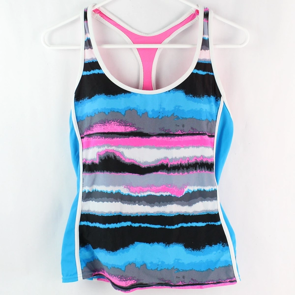 ZeroXposure Pink and Blue Striped Tankini Swimsuit Top Women's Size 12