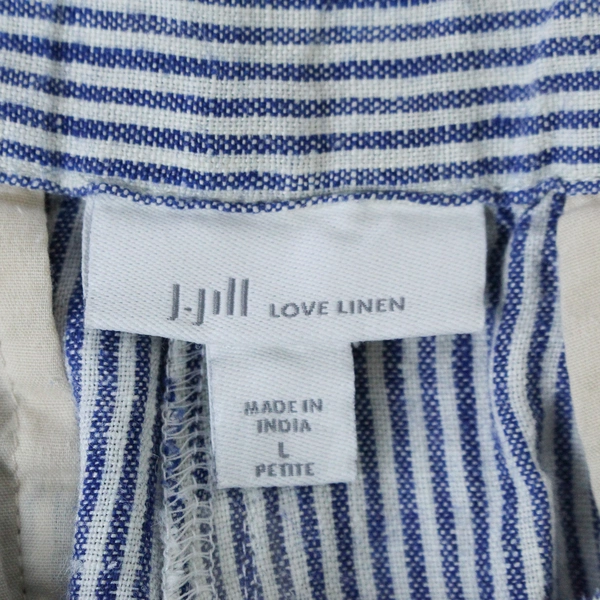 J Jill Love Linen Cropped Pants Women's Size L Navy Blue White Pin Stripes