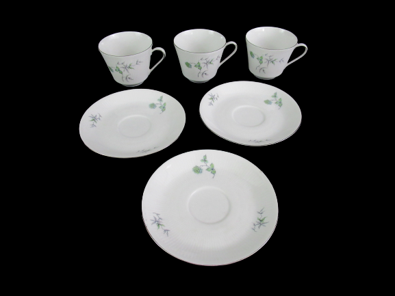 Lot of 3 Vintage Mitterteich Green Ming Platinum Trim Cups And Saucers