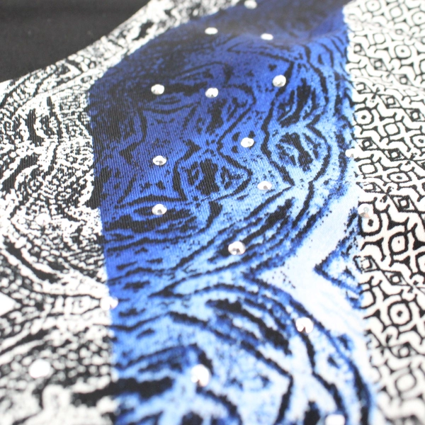 Style & Co. Black White and Blue Patterned Bedazzled Blouse Women's Size Medium
