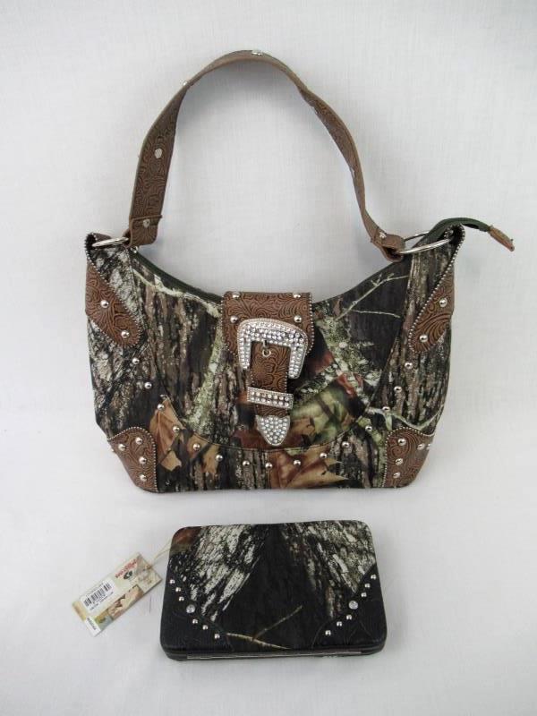Mossy Oak Brand Purse Wallet Set Camo Canvas Faux Leather Rhinestones Studs