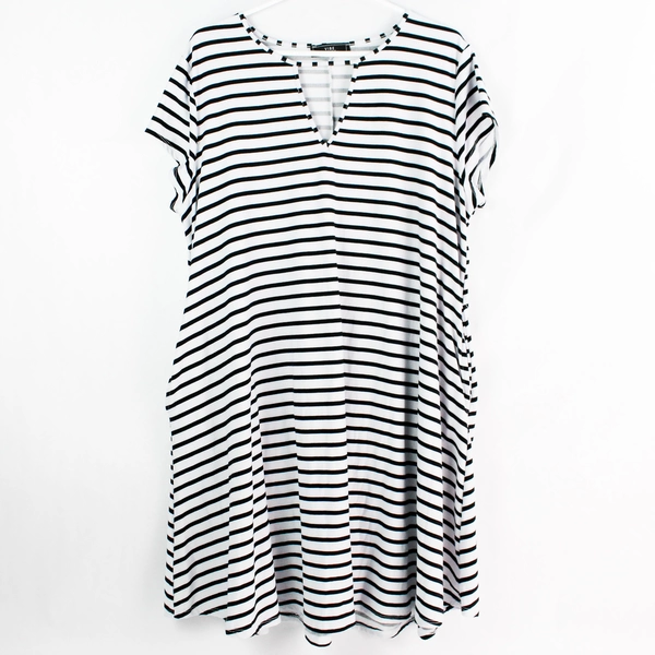 Vibe Sportswear Black and White Striped Knee Length T-Shirt Dress Women's 2X