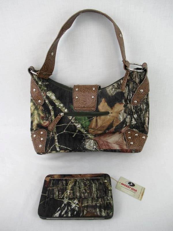 Mossy Oak Brand Purse Wallet Set Camo Canvas Faux Leather Rhinestones Studs