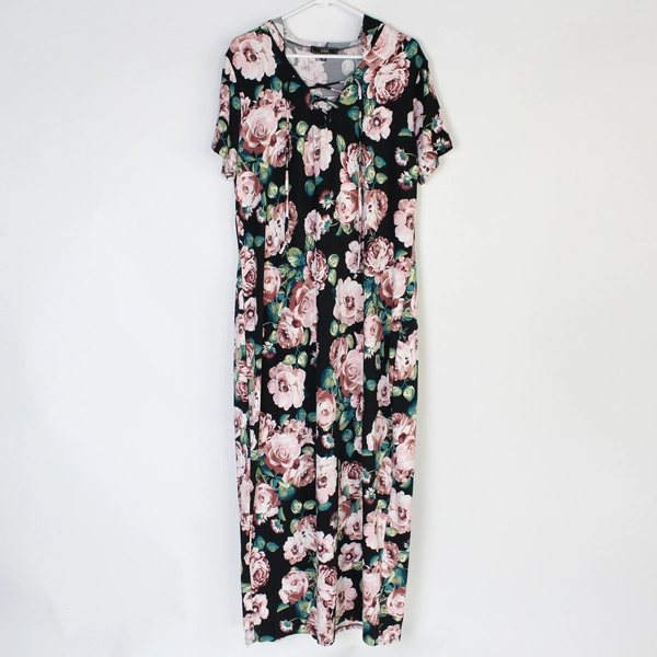 Vibe Sportswear Floral Pattern Hooded Ankle-Length T-shirt Dress Women's 2X