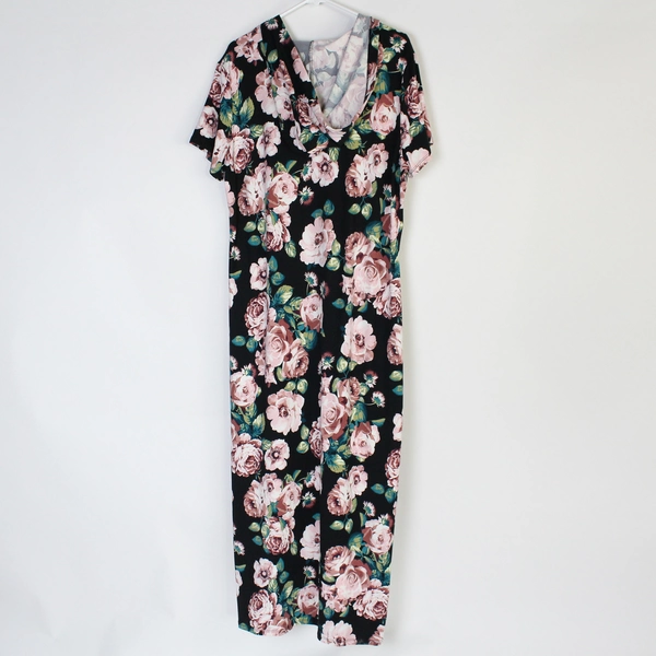 Vibe Sportswear Floral Pattern Hooded Ankle-Length T-shirt Dress Women's 2X
