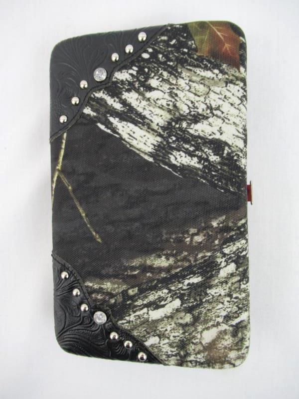 Mossy Oak Brand Purse Wallet Set Camo Canvas Faux Leather Rhinestones Studs