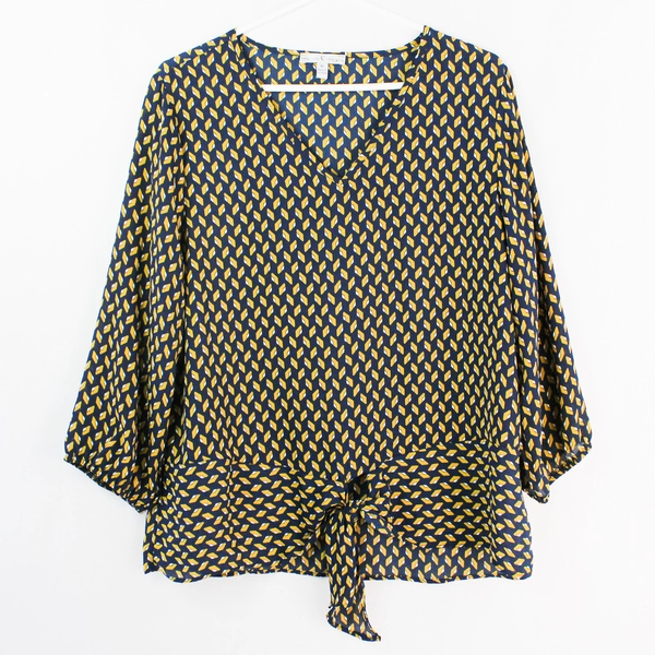 Moa Moa Blue Gold White Geometric Patterned V-Neck Blouse Women's Size XL