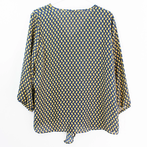 Moa Moa Blue Gold White Geometric Patterned V-Neck Blouse Women's Size XL
