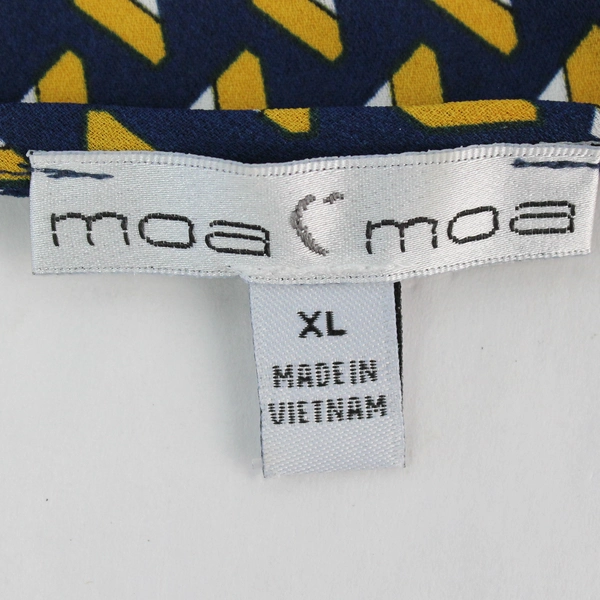 Moa Moa Blue Gold White Geometric Patterned V-Neck Blouse Women's Size XL